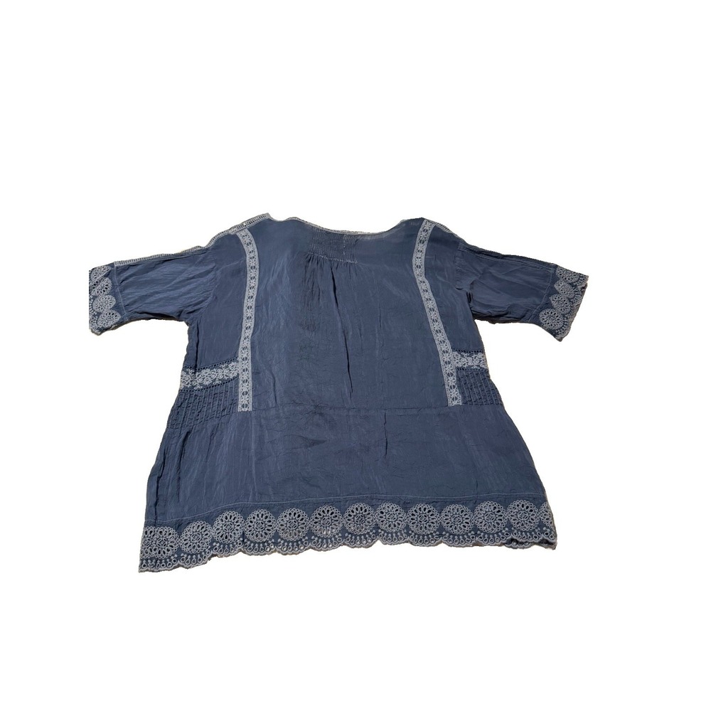 Johnny Was Manchenho Tunic Top XL Blue Embroidered Eyelet Cupro Rayon Boho - Picture 9 of 11